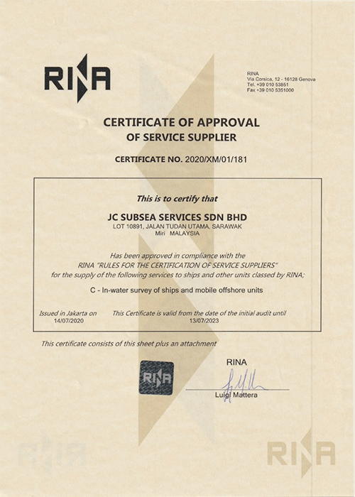 RINA Certificate of Approval of Service Supplier
